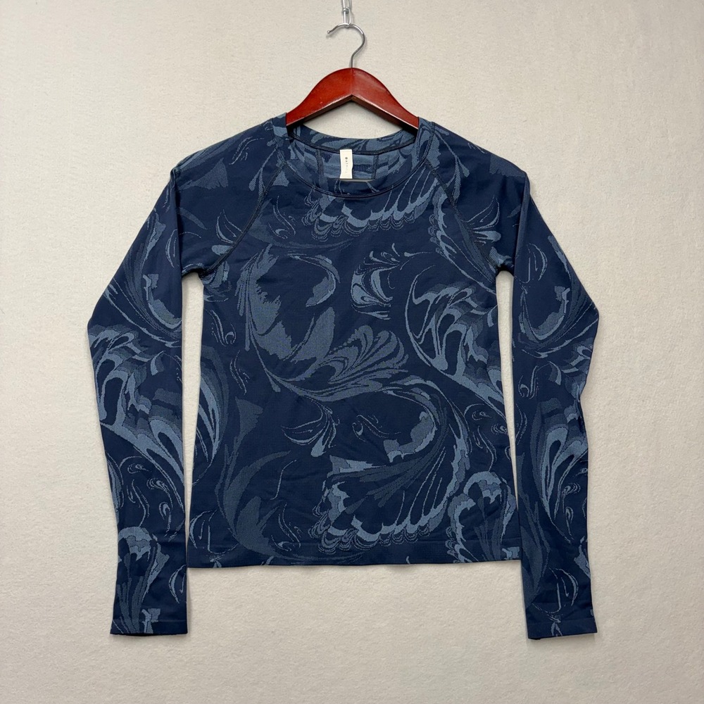 Athleta Momentum Top Women XS Blue Swirl Jacquard Seamless Long Sleeve Running